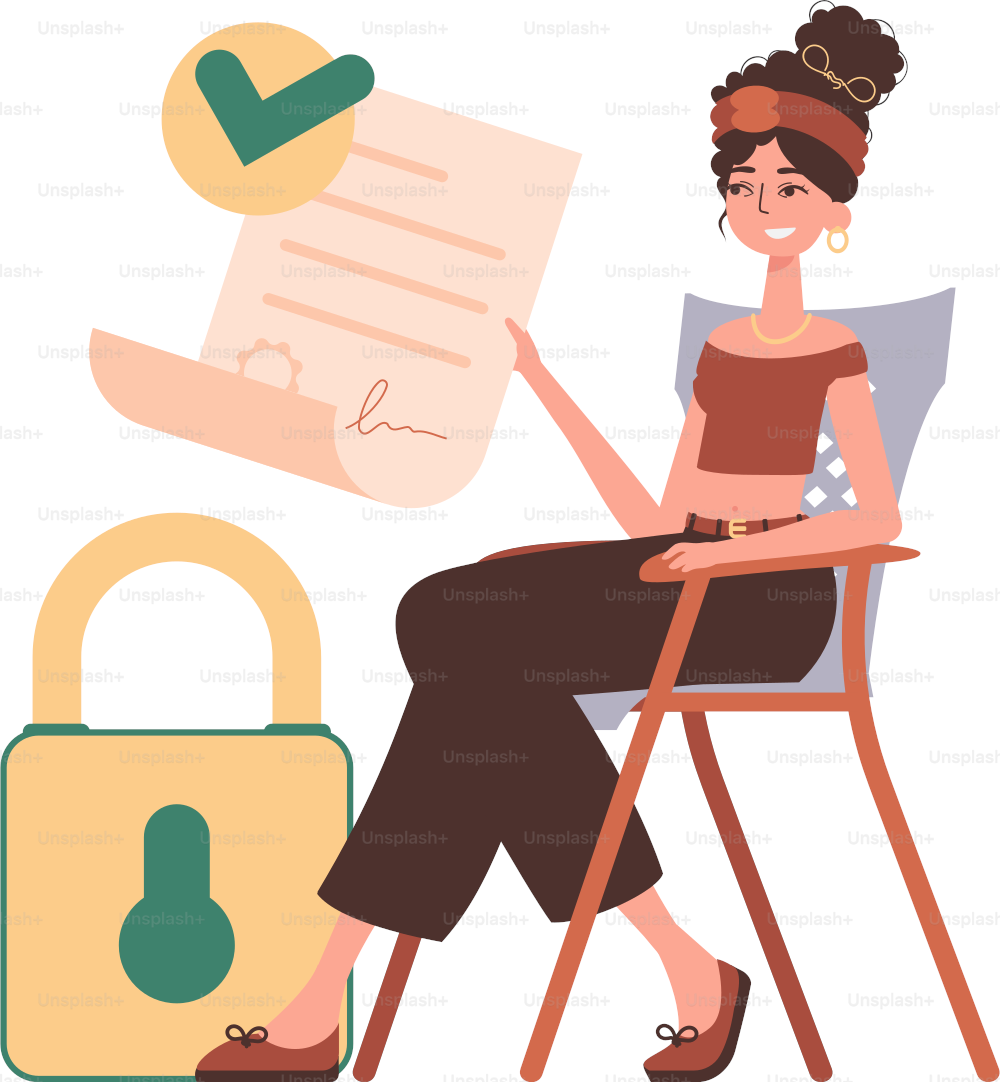 A woman sits in a chair and holds a document in her hands. Smart contract. Data protection. Modern style character.