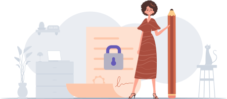 The concept of signing a contract. Data protection. A young woman stands near a large document and holds a pencil.