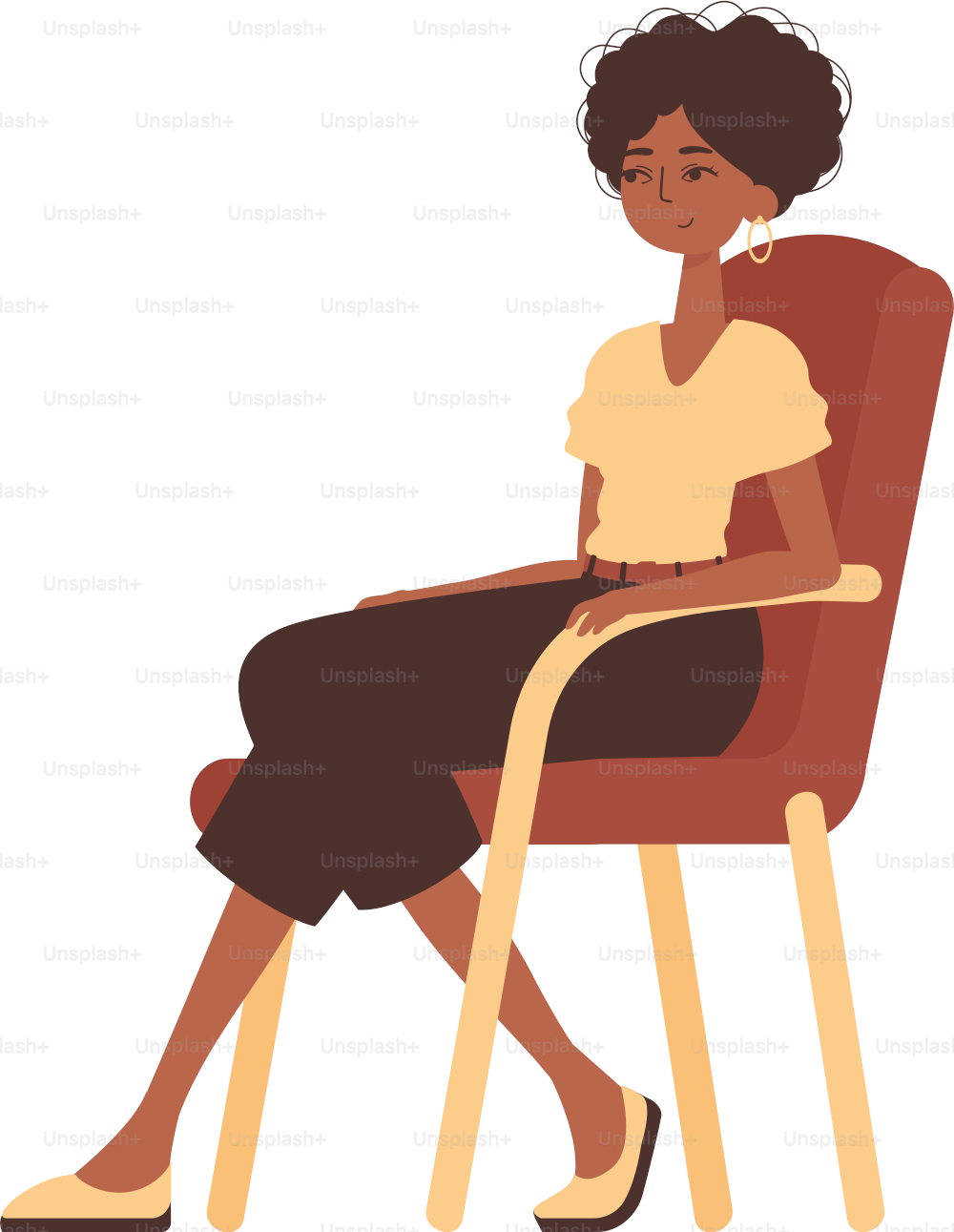 A menina está sentada em uma cadeira confortável. Caráter em estilo moderno da moda.