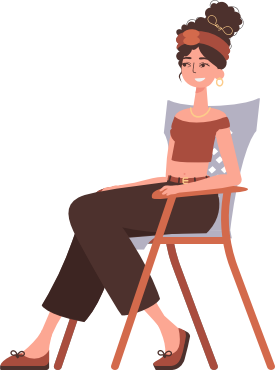 La mujer está sentada en una silla cómoda. Carácter con un estilo moderno.