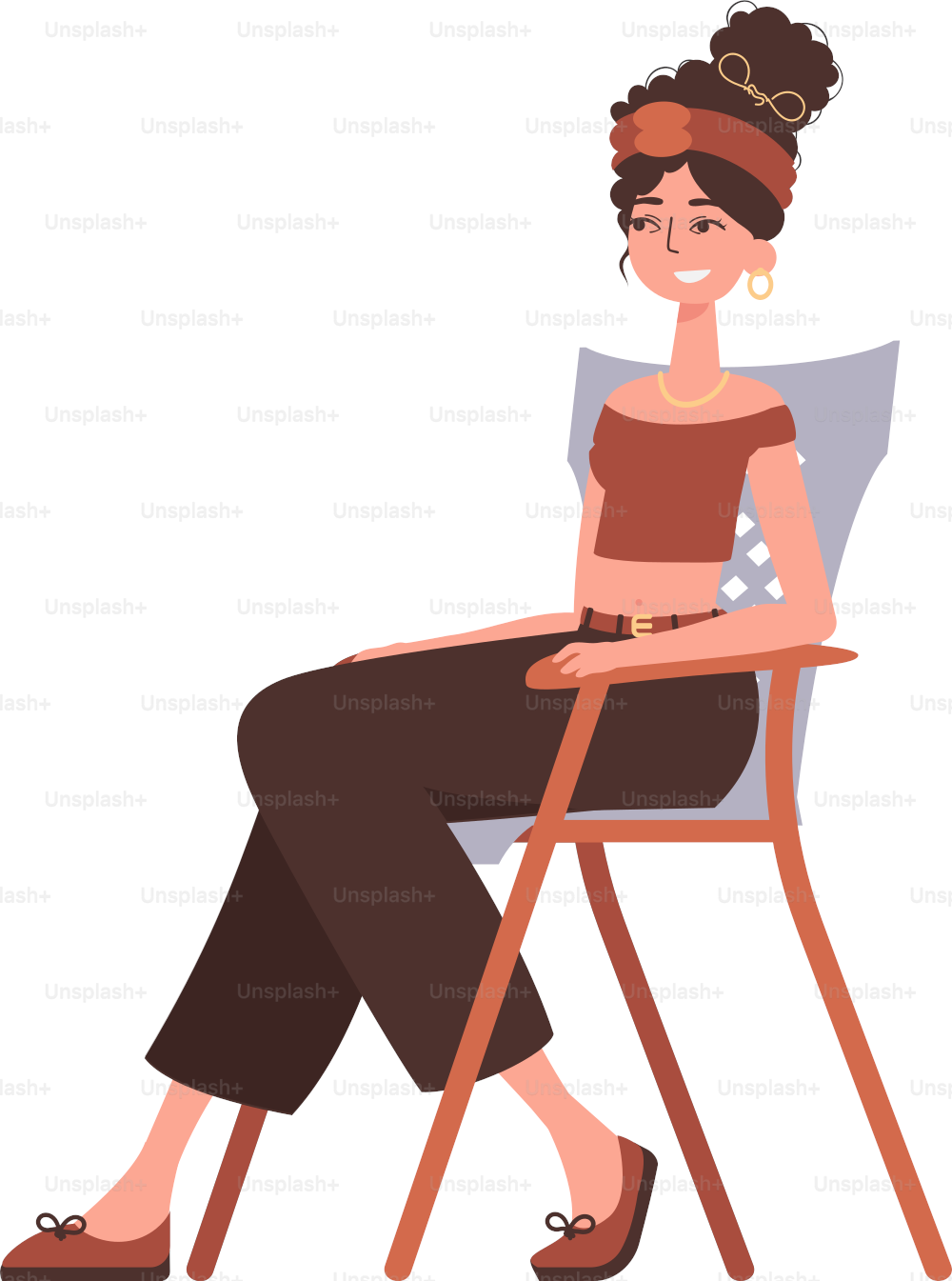 La donna è seduta su una comoda sedia. Carattere con uno stile moderno.