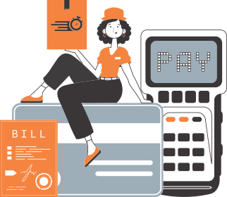 Una donna si siede su una carta di credito e tiene in mano un pacco. Concetto di consegna. Stile lineare di tendenza. Isolato su sfondo bianco. Illustrazione vettoriale.