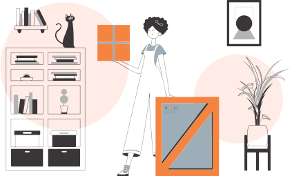 The girl is holding a parcel. Parcel delivery concept. Linear trendy style.