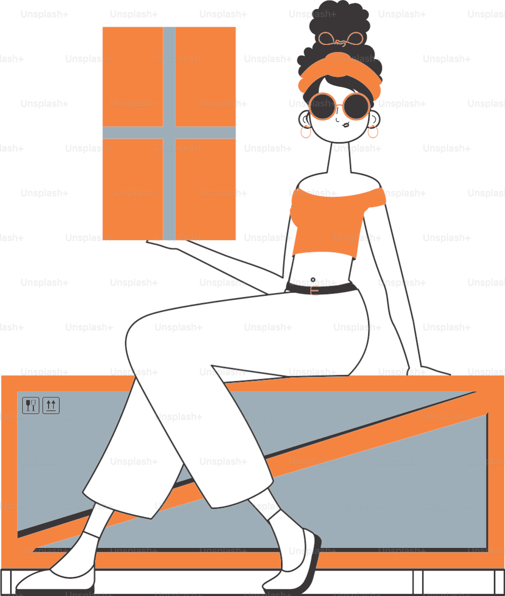 La jeune fille tient un colis. Concept de livraison. Style linéaire. Isolé sur fond blanc. Illustration vectorielle.