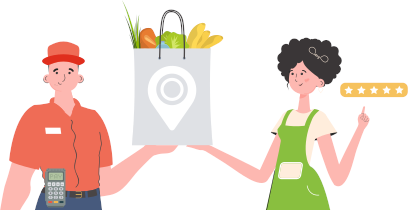 A male courier holds a bag of food. Home delivery concept. Isolated. Trendy flat style. Vector.