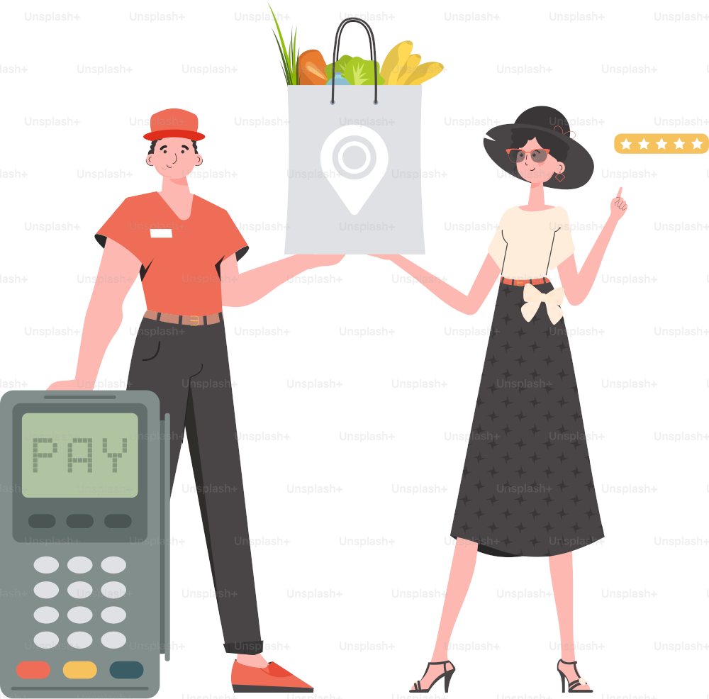 A male courier holds a package with groceries. Home products. Food delivery. Isolated. Trendy flat style. Vector.