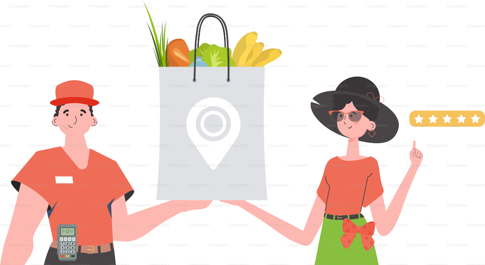 A male courier holds a package with groceries. Home products. Food delivery. Isolated. Cartoon style. Vector.