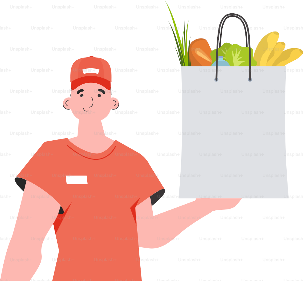 A man is holding a grocery bag. Home delivery concept. Isolated. trendy style. Vector.