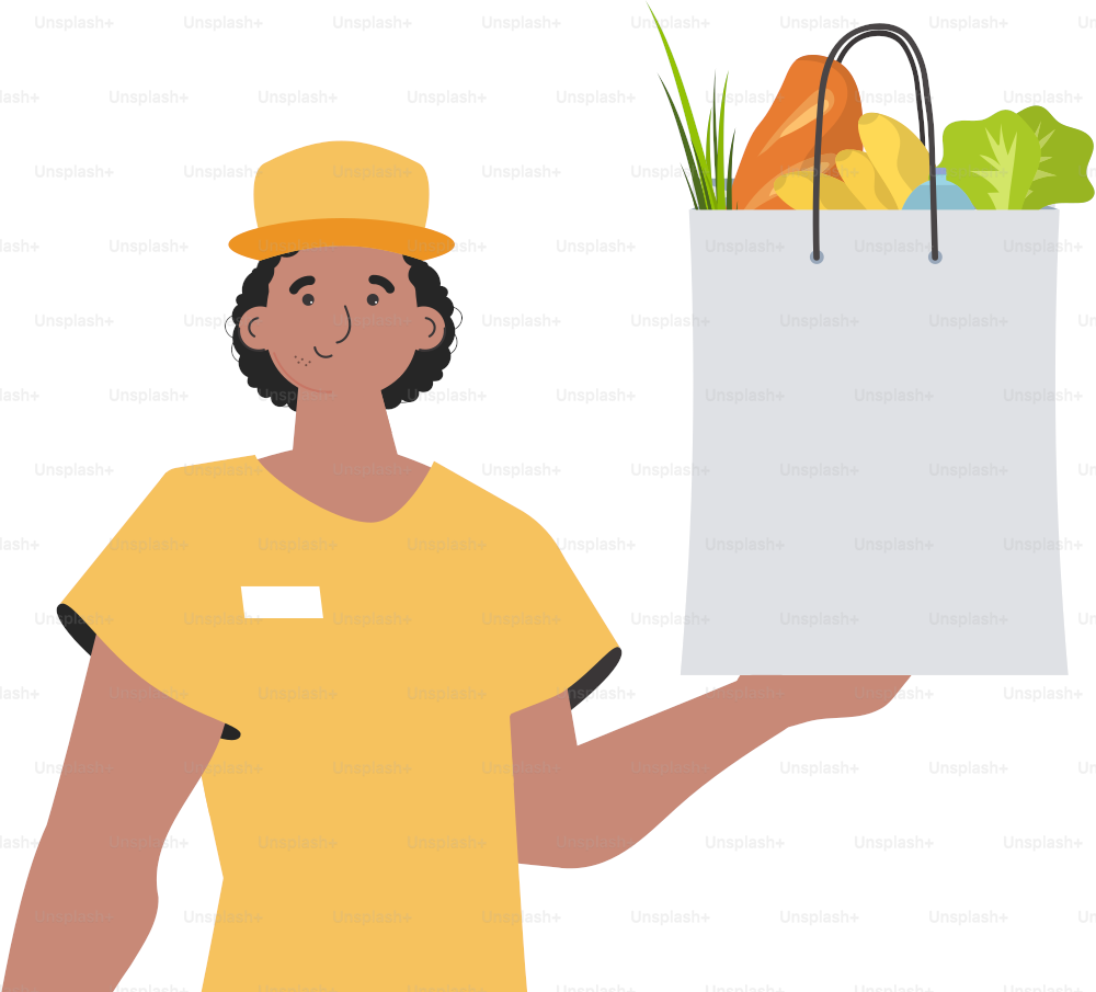 A man delivers a package of products. Home products. Food delivery. Isolated. Trendy flat style. Vector.