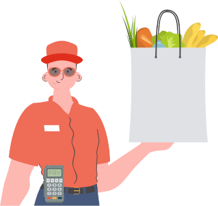 A man delivers a package of products. Home delivery concept. Isolated. Cartoon style. Vector.