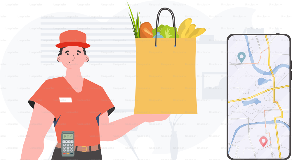 Home delivery concept. A man delivers a package of products. Trendy flat style. Vector.