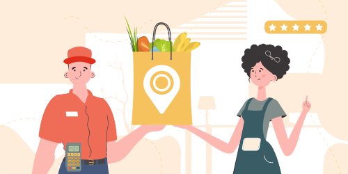 Productos para el hogar. Entrega de comida. Un mensajero masculino entrega un paquete de productos. Estilo plano de moda. Vector.