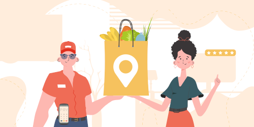 Delivery concept. A male courier holds a package with groceries. Cartoon style. Vector.