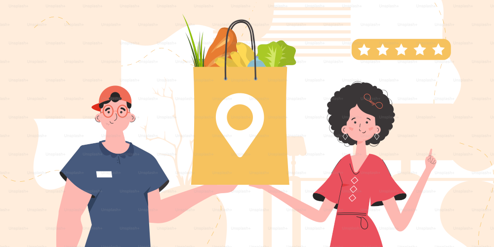 Delivery concept. A male courier holds a package with groceries. Trendy flat style. Vector.
