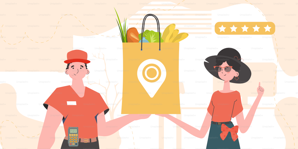 Delivery concept. A male courier delivers a package of products. Cartoon style. Vector.