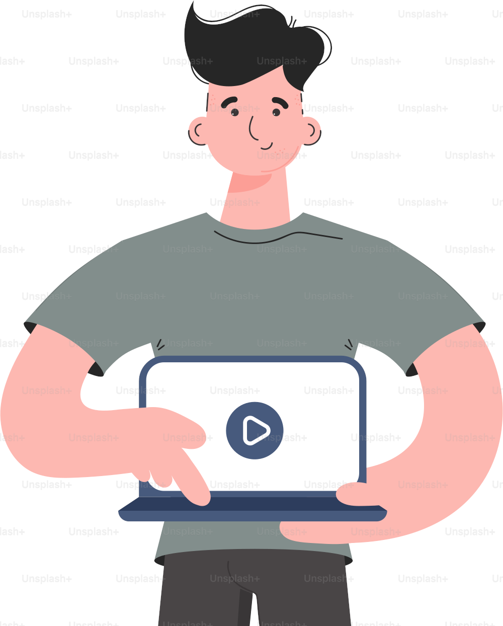 A man stands waist-deep turns on the video on a laptop. Isolated. Element for presentations, sites. Vector illustration