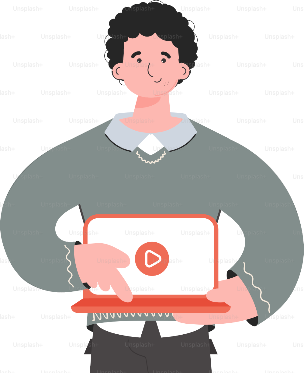 A man stands waist-deep with a laptop. Isolated. Element for presentations, sites. Vector illustration
