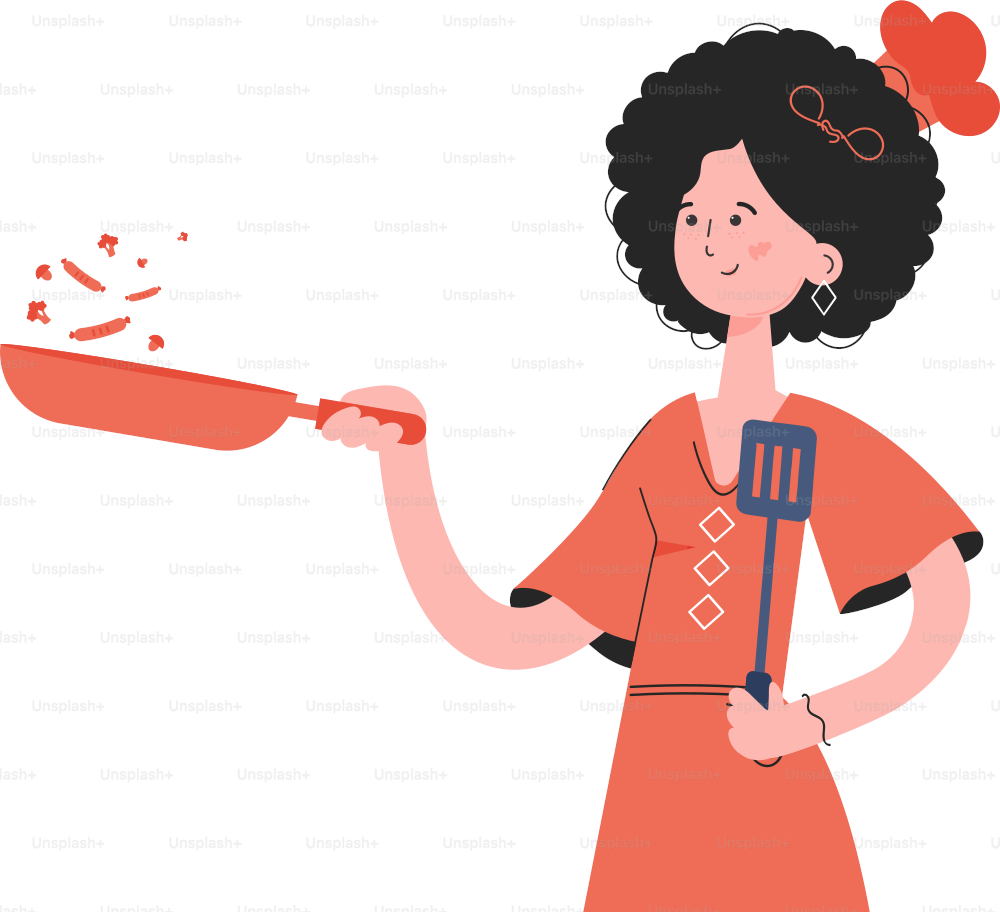 A woman stands waist-deep and holds a spatula in her hands. Isolated. Element for presentations, sites. Vector illustration