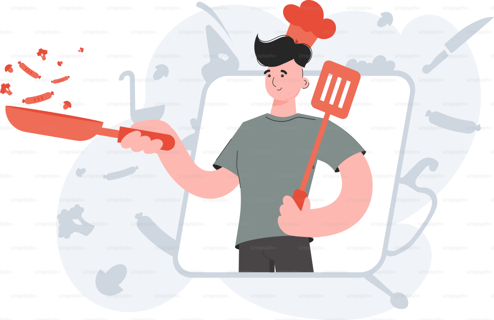 A man stands waist-deep and holds a frying pan and a spatula. Cafe. Element for presentations, sites. Vector illustration
