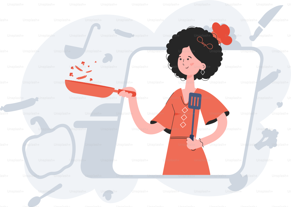 A woman stands waist-deep and holds a spatula in her hands. Cafe. Element for presentations, sites. Vector illustration