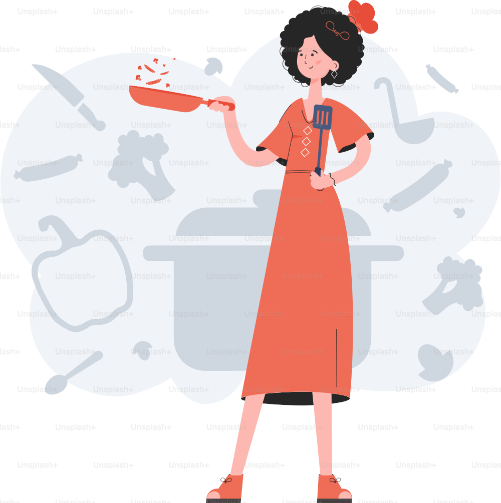 A woman stands in full growth holding a spatula in her hands. Cafe. Element for presentations, sites. Vector illustration