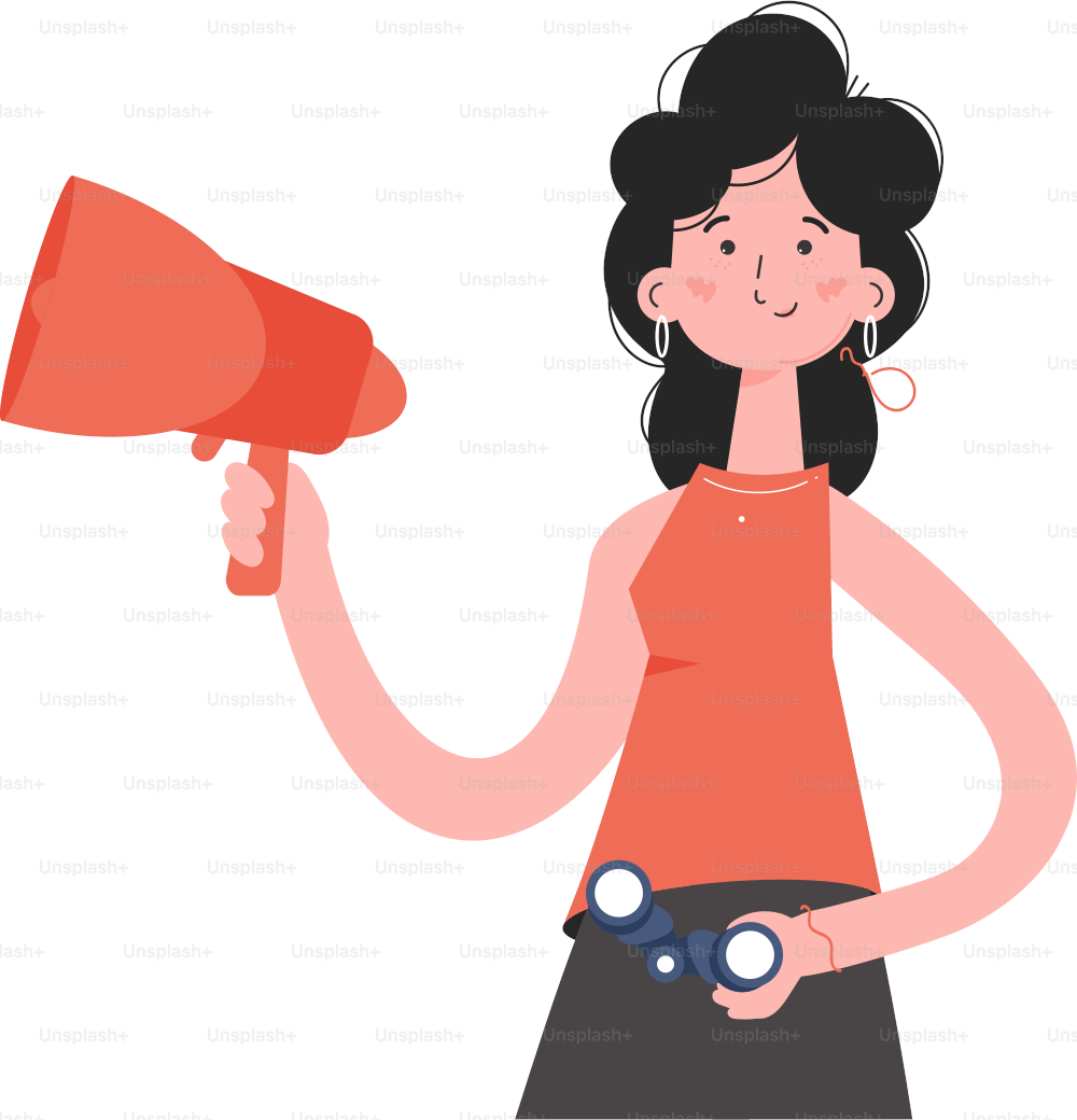 A woman stands waist-deep holding a loudspeaker and binoculars. Isolated. Element for presentations, sites. Vector illustration
