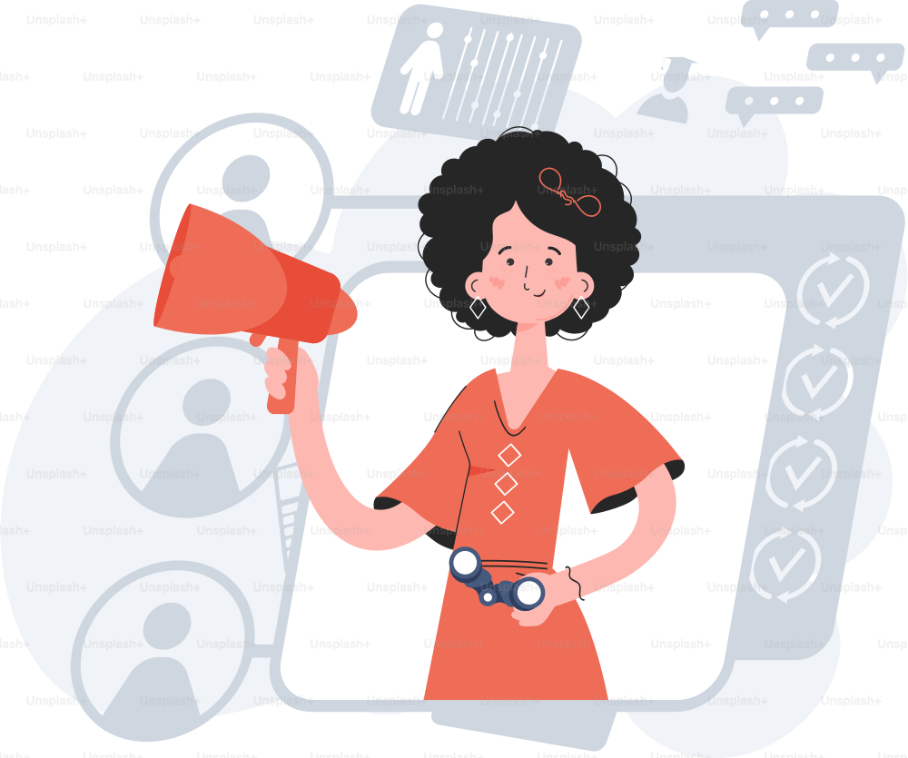 A woman stands waist-deep with binoculars. HR concept. Element for presentations, sites. Vector illustration