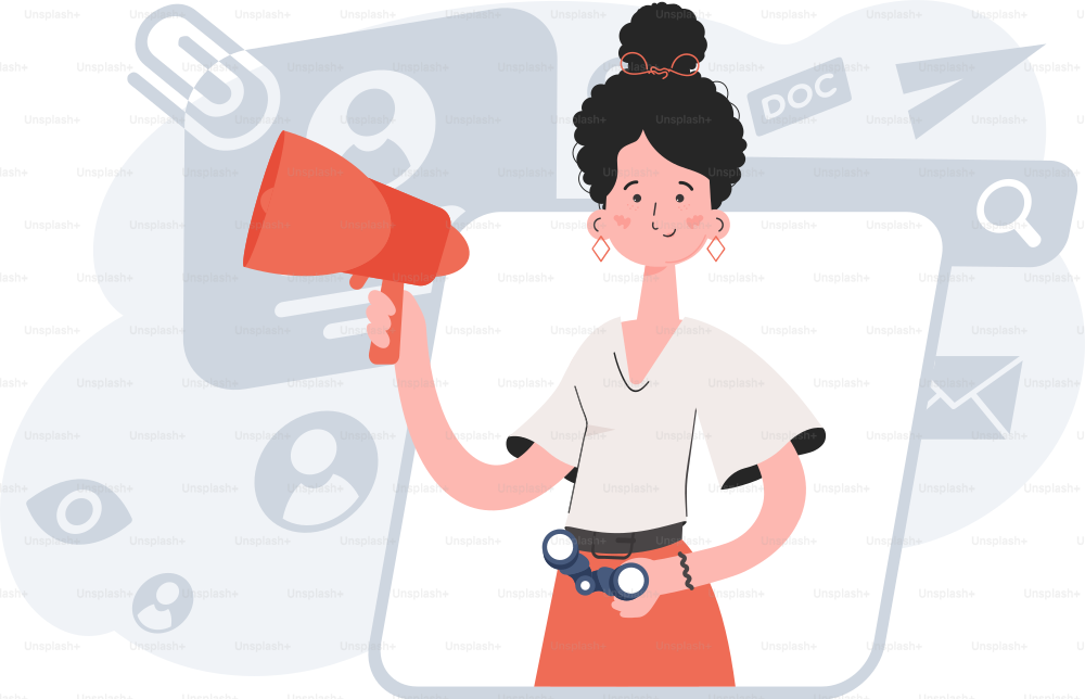 A woman stands waist-deep and holds a loudspeaker in her hands. HR concept. Element for presentations, sites. Vector illustration