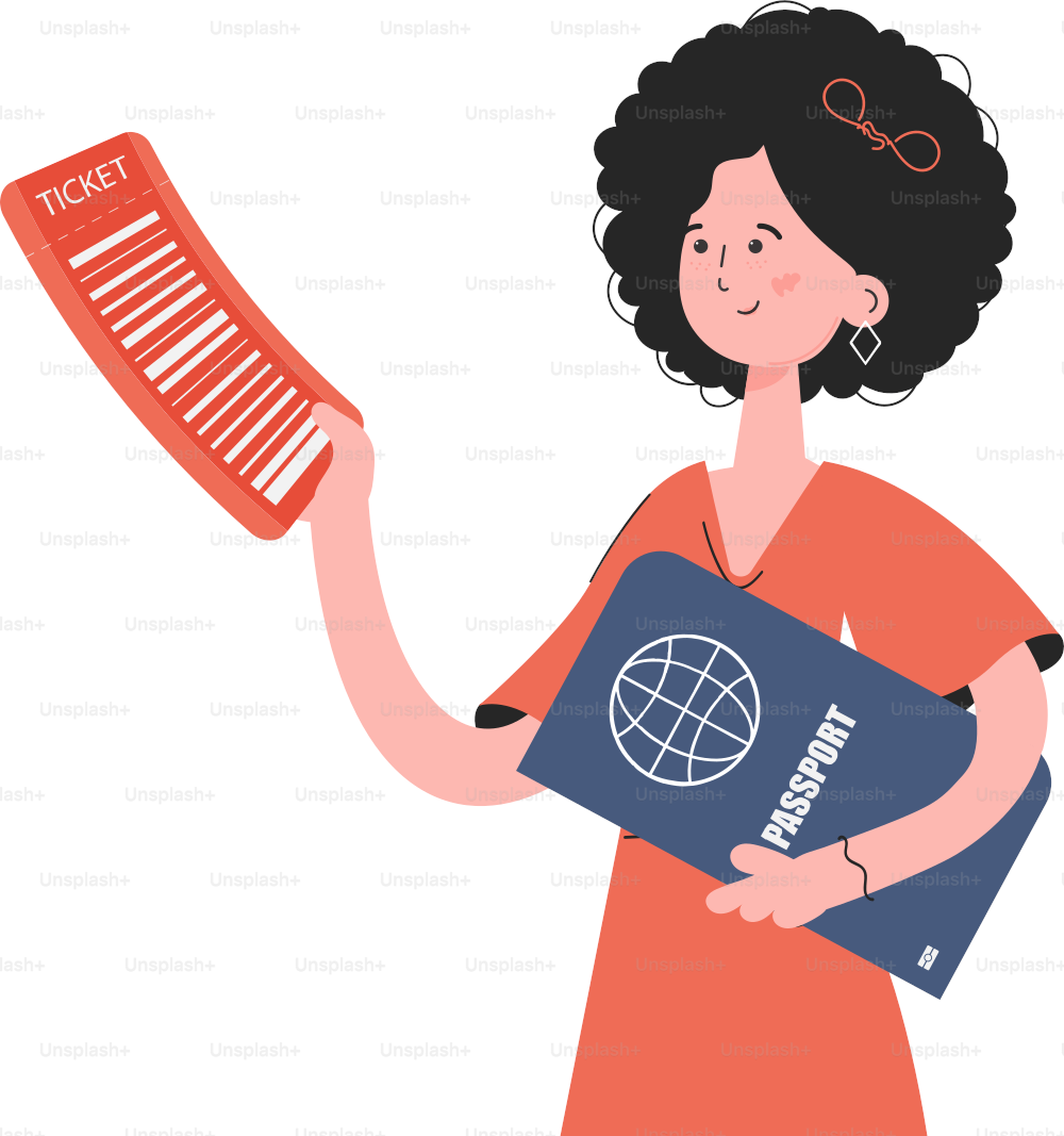A woman stands waist-deep and holds a boarding pass and passport. Isolated. Element for presentations, sites. Vector illustration