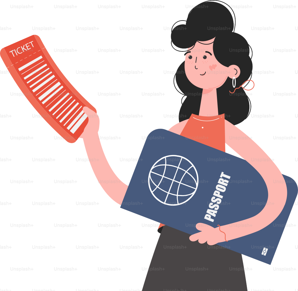 A woman stands waist-deep and holds a passport. Isolated. Element for presentations, sites. Vector illustration