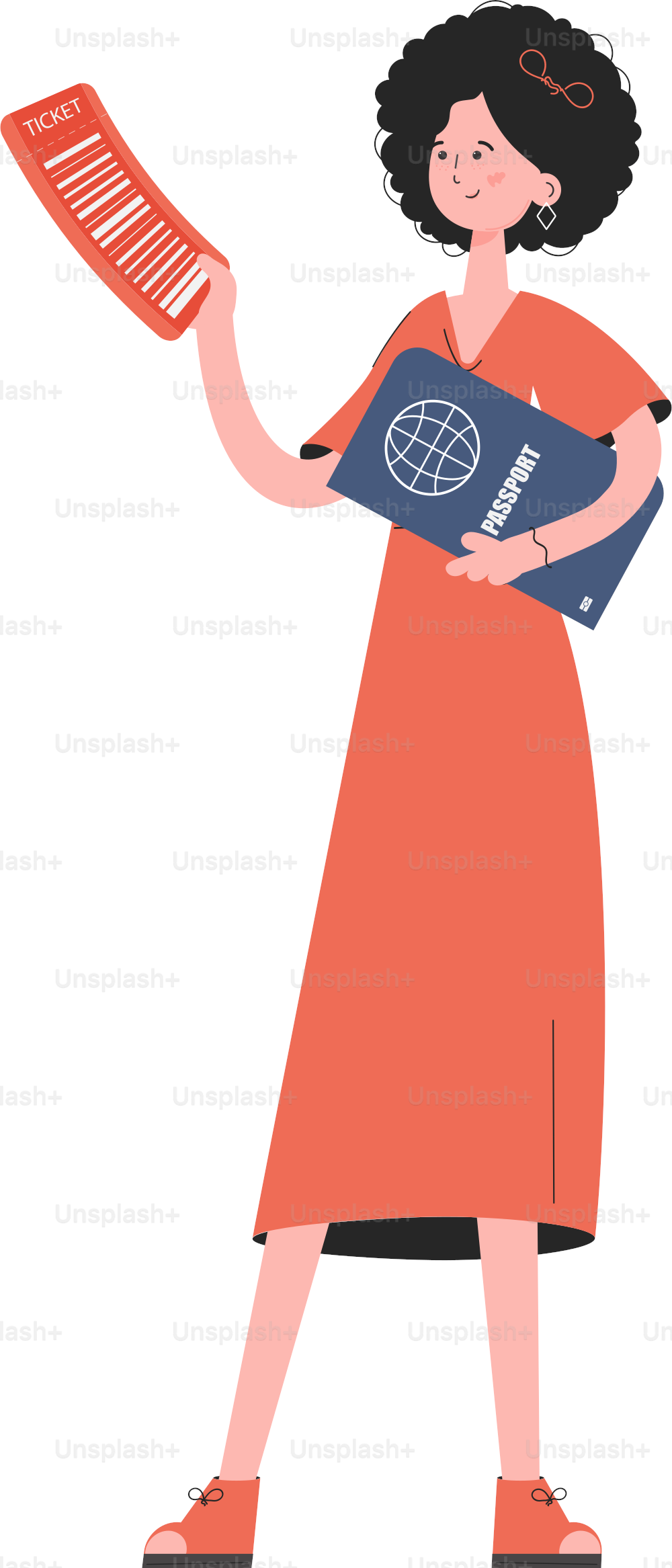 A woman stands in full growth holding a boarding pass and a passport. Isolated. Element for presentations, sites. Vector illustration