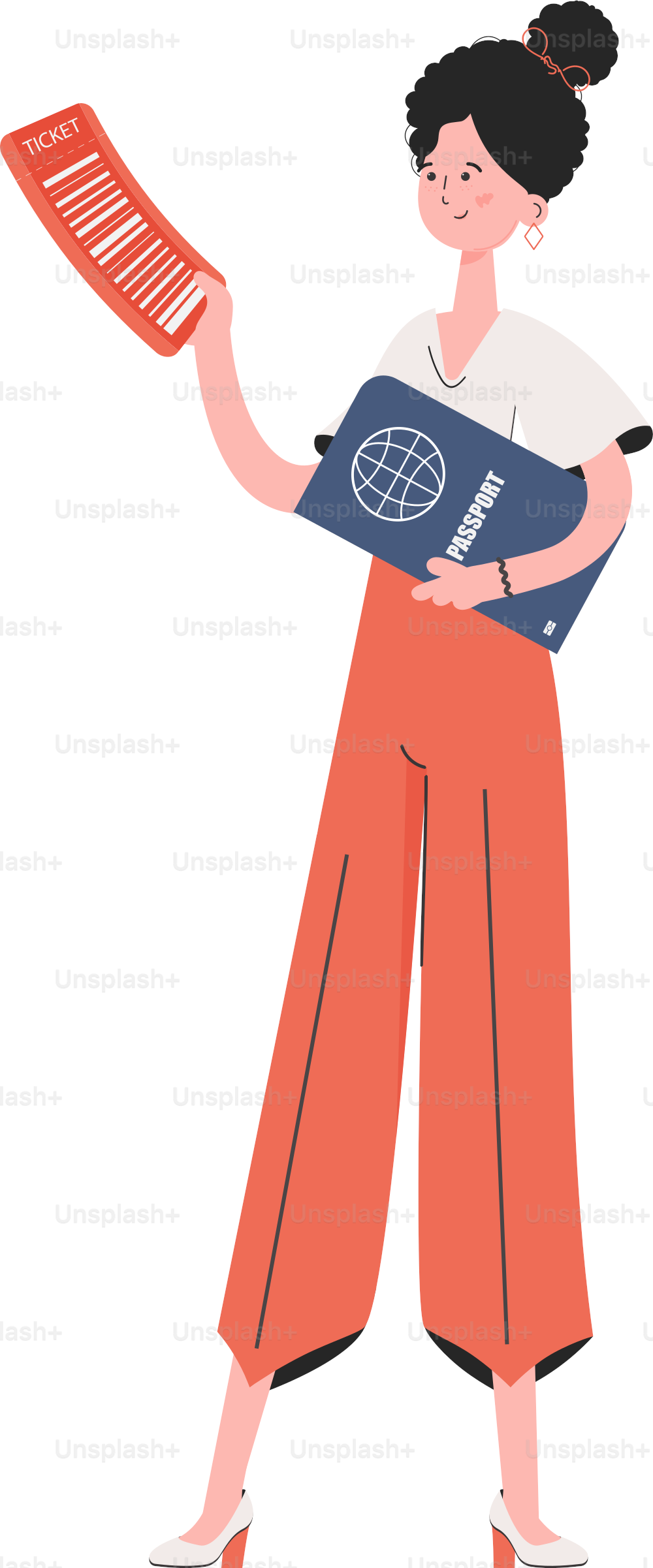 A woman stands in full growth holding a ticket. Isolated. Element for presentations, sites. Vector illustration