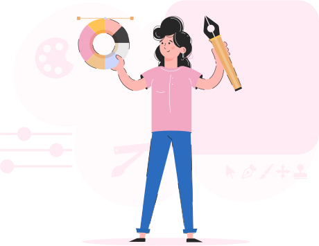 The girl is holding a graphic pen and a color wheel in her hands. Trend illustration. Good for apps, presentations and websites. Vector.