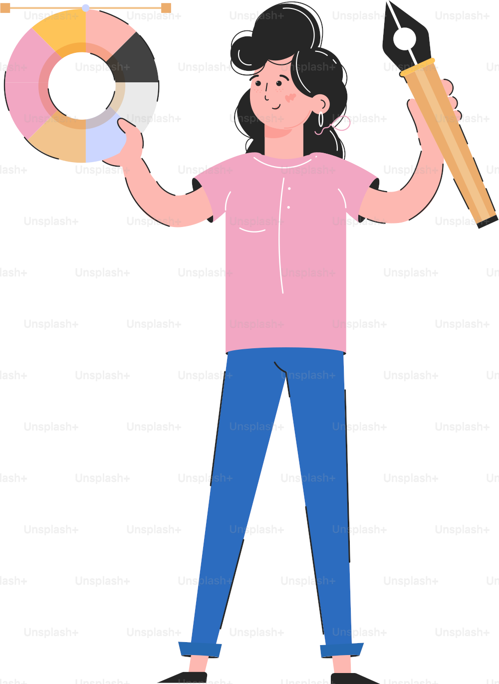 The girl is holding a graphic pen and a color wheel in her hands. Isolated on white background. Good for apps, presentations and websites. Vector.