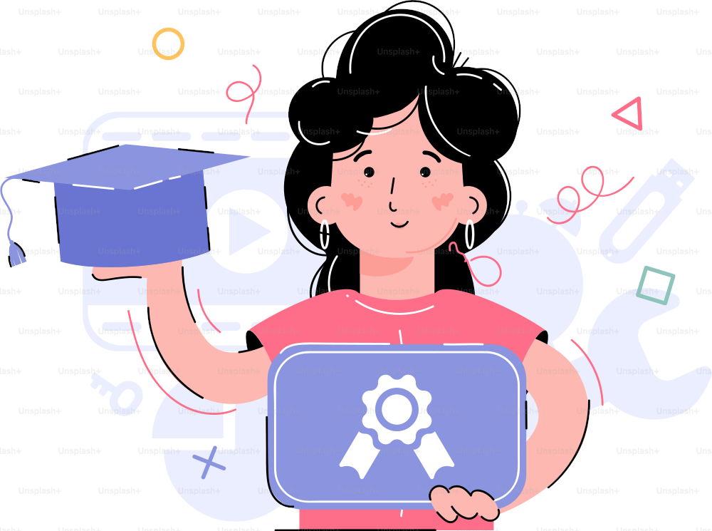 The girl is holding a diploma and a graduation cap. Element for the design of presentations, applications and websites. Trend illustration. Vector illustration