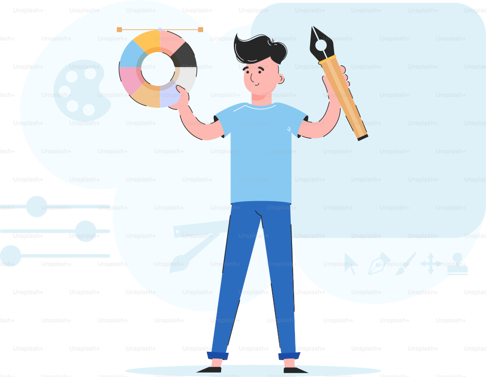 The guy is holding a graphic pen and a color wheel in his hands. Trend illustration. Good for apps, presentations and websites. Vector.