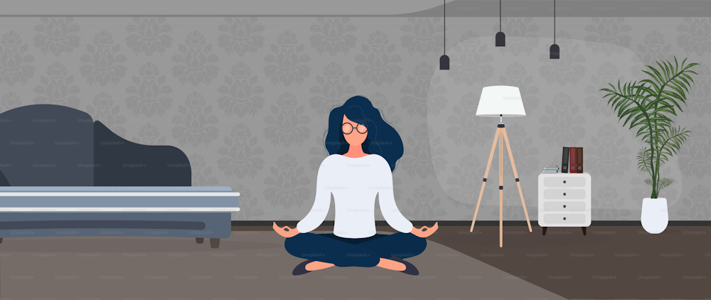 Girl with glasses meditates in the office. The concept of relaxation, meditation, yoga and rest from work. Vector.
