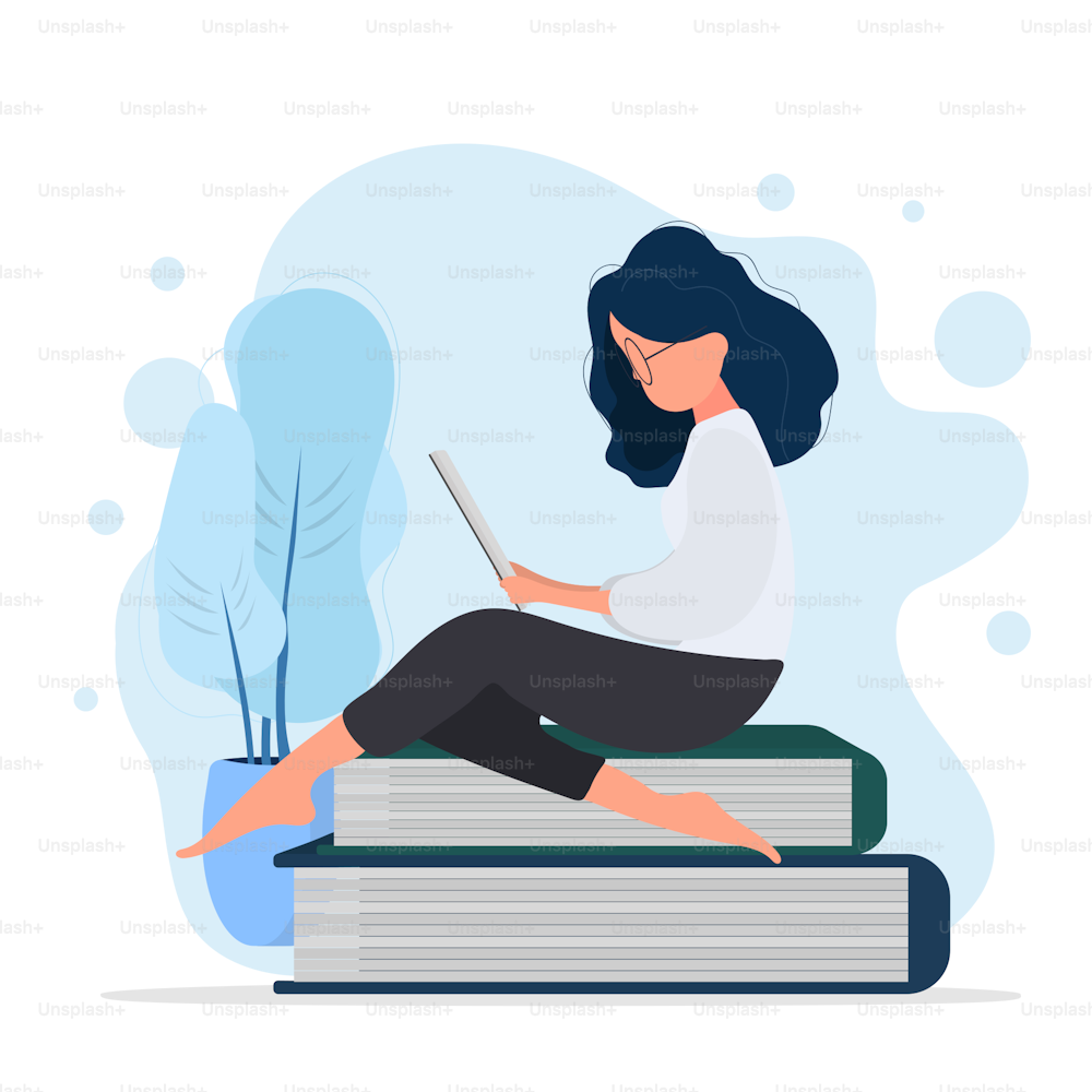 The girl is sitting on a mountain of books. The woman is reading a book. Vector.