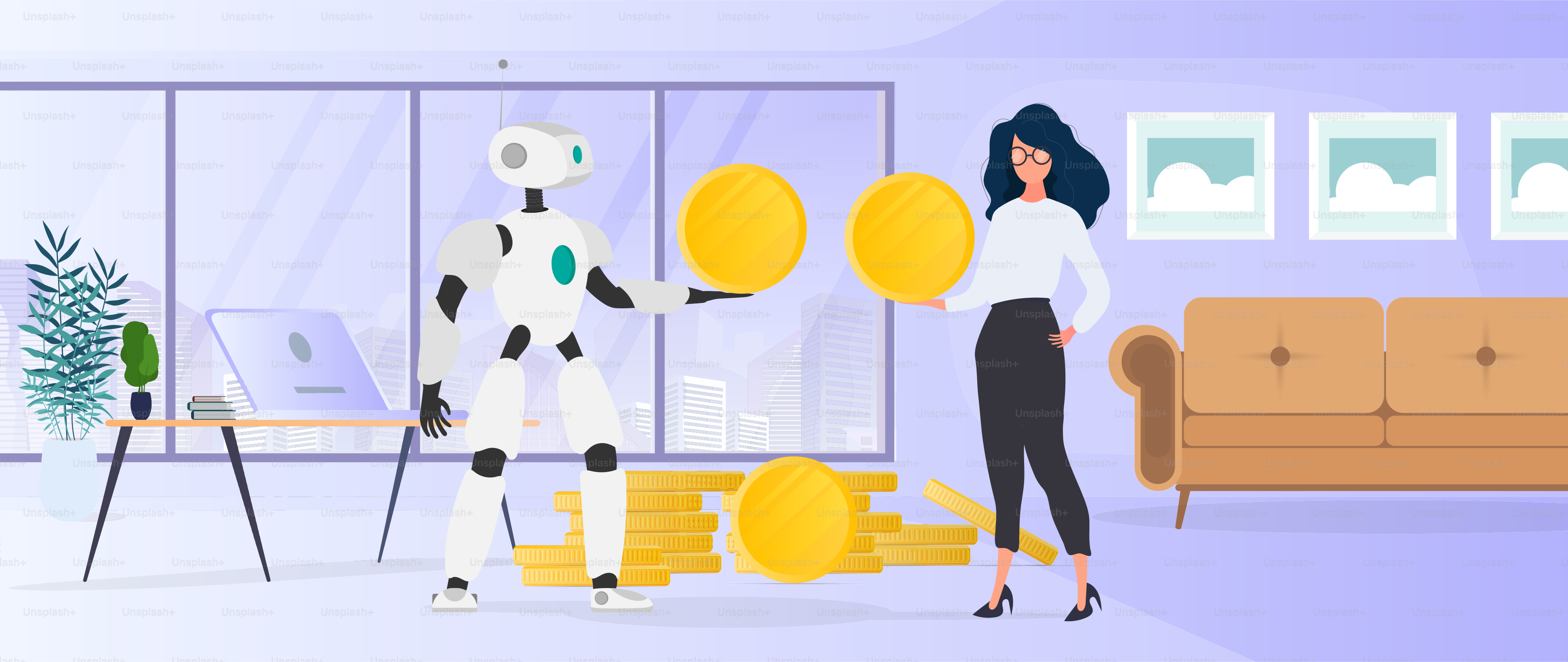 Der Roboter gibt dem Mädchen eine Goldmünze. Der Roboter bringt dem Unternehmen Gewinn. Vektor.