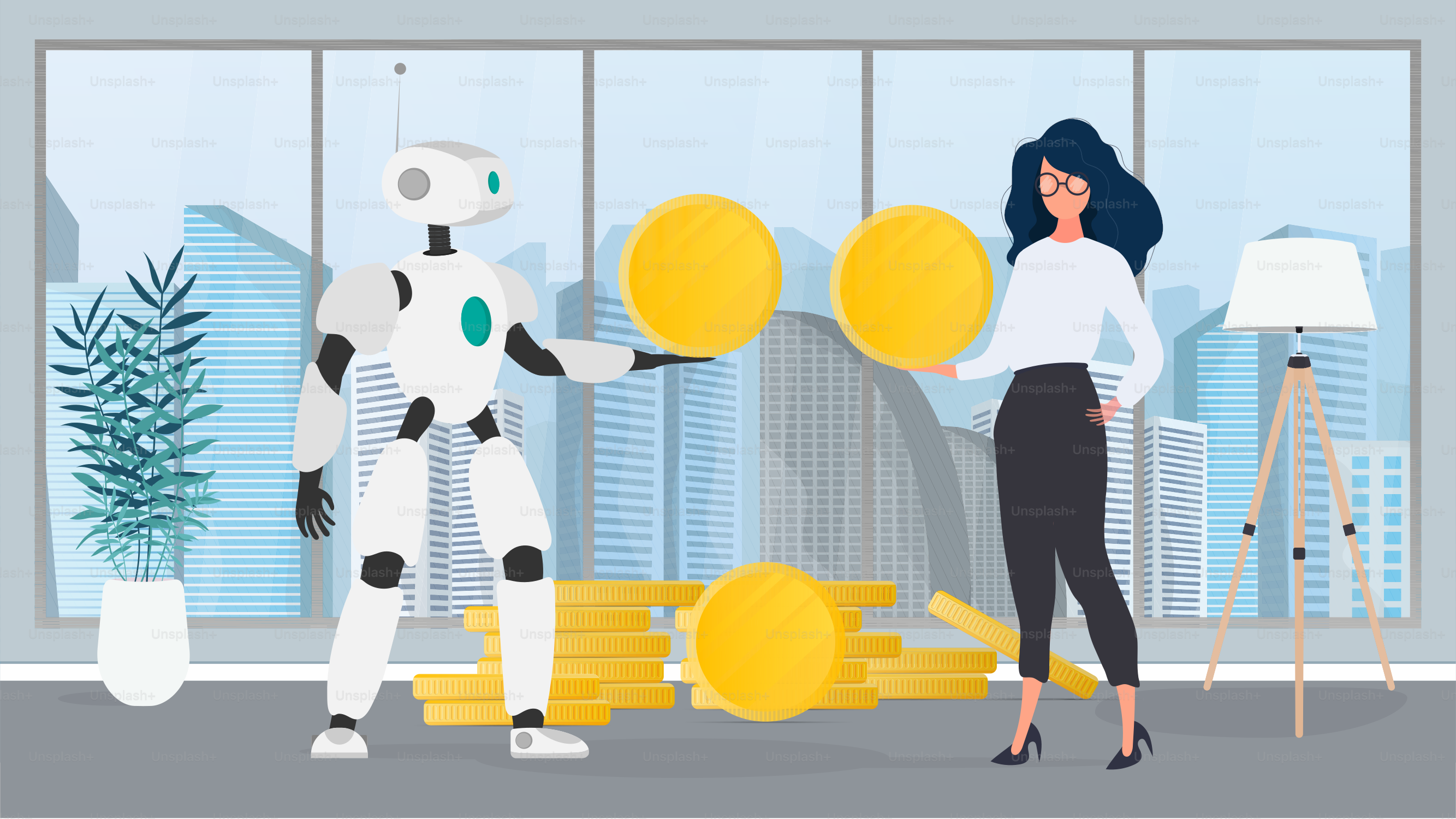 The robot gives a gold coin to the girl. The robot brings profit to the business. Vector.