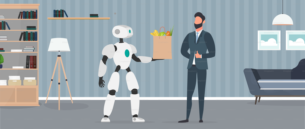 The robot holds a bag with groceries in its hands. Food delivery by robots. Businessman showing thumb up. Future delivery concept. Online shopping. Vector.