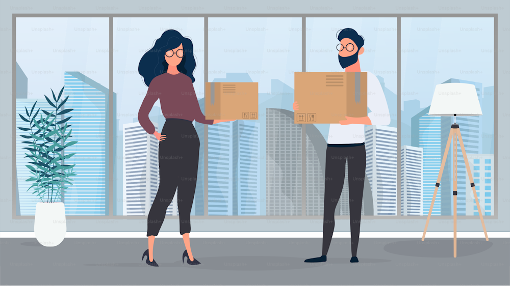 A guy and a girl stand in an empty room and hold paper boxes. The concept of relocating, changing housing, buying an apartment or moving an office. Vector.
