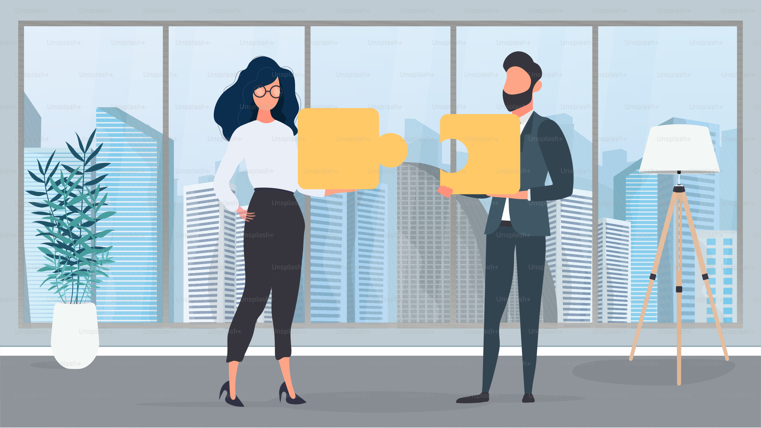 Il ragazzo e la ragazza tengono in mano pezzi di puzzle. La donna e l'uomo stanno assemblando un puzzle. Ufficio. Il concetto di lavoro di squadra, di convivere insieme o di comprendere. Vector.