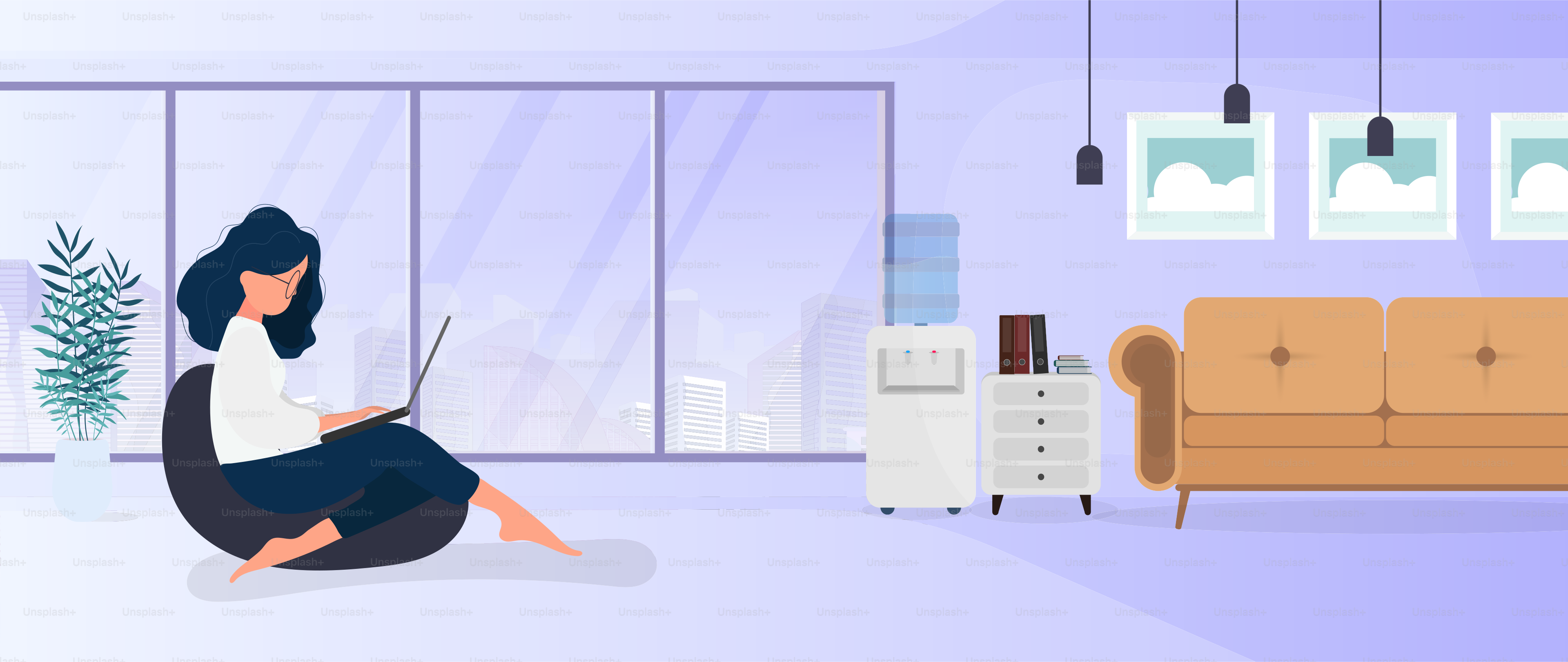 The girl sits on an ottoman and works at a laptop. A woman with a laptop sits on a large pouf. The concept of comfortable work in the office or at home. Vector.