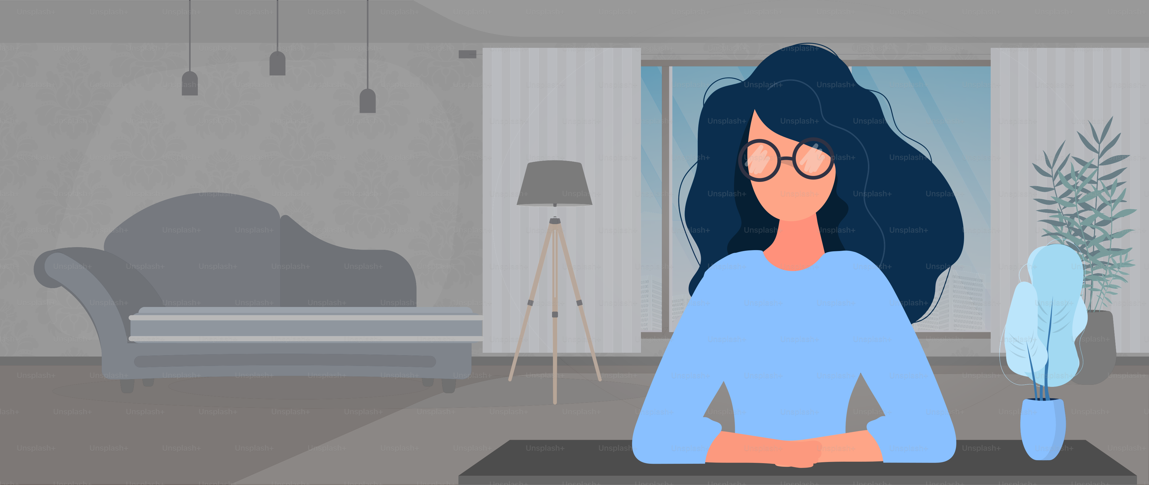 The girl sits at the table with folded arms. Woman with glasses at the table close-up. Banner with a place for the text. Good for business topics. Vector.