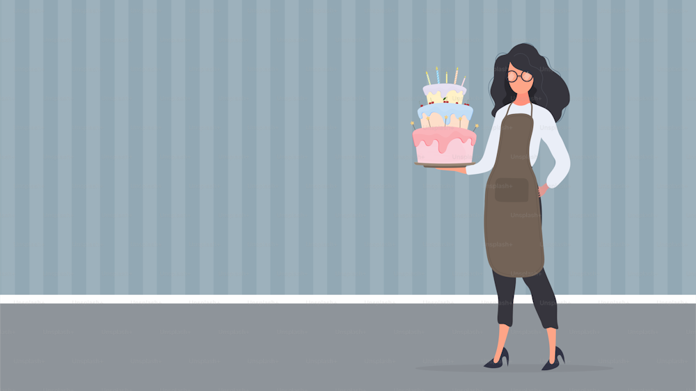 Girl cook holds a birthday cake. Girl holds a pie. Good for birthday articles and banners. Vector.