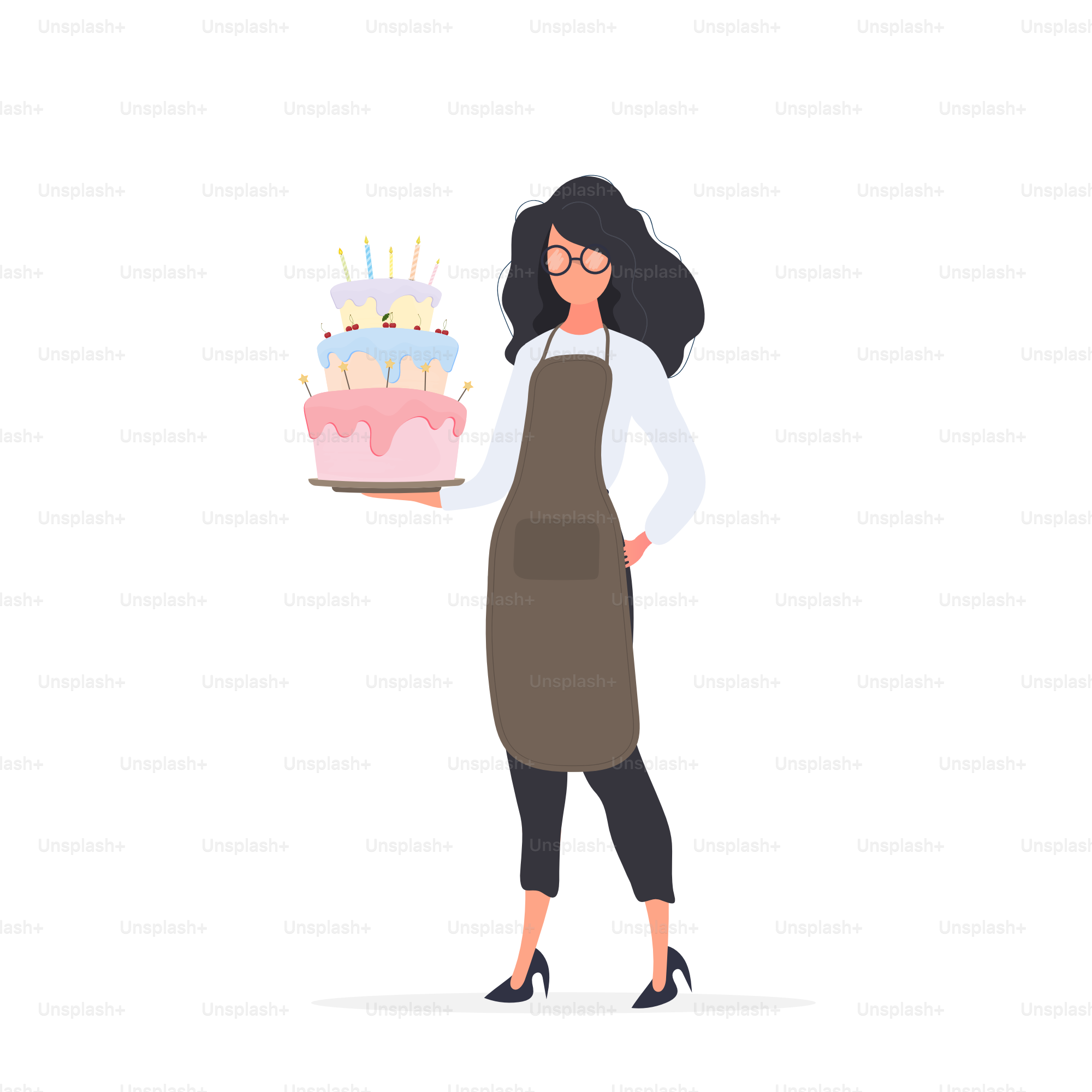 Une cuisinière tient un gâteau d’anniversaire. La fille tient une tarte. Isolé. Vecteur.