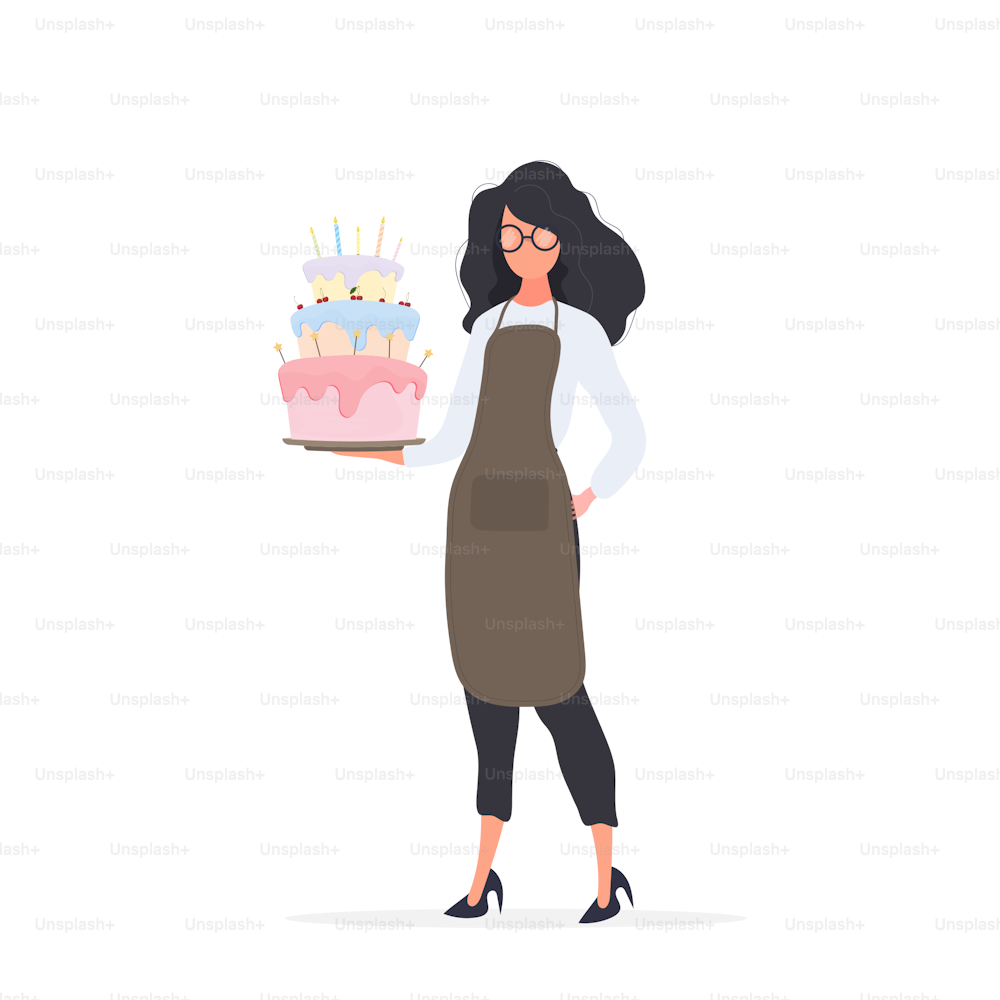 Girl cook holds a birthday cake. Girl holds a pie. Isolated. Vector.