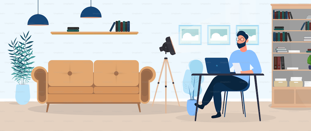A guy with glasses sits at a table in his office. A man works on a laptop. Office, sofa, bookshelf, business man, floor lamp. Office work concept. Vector.