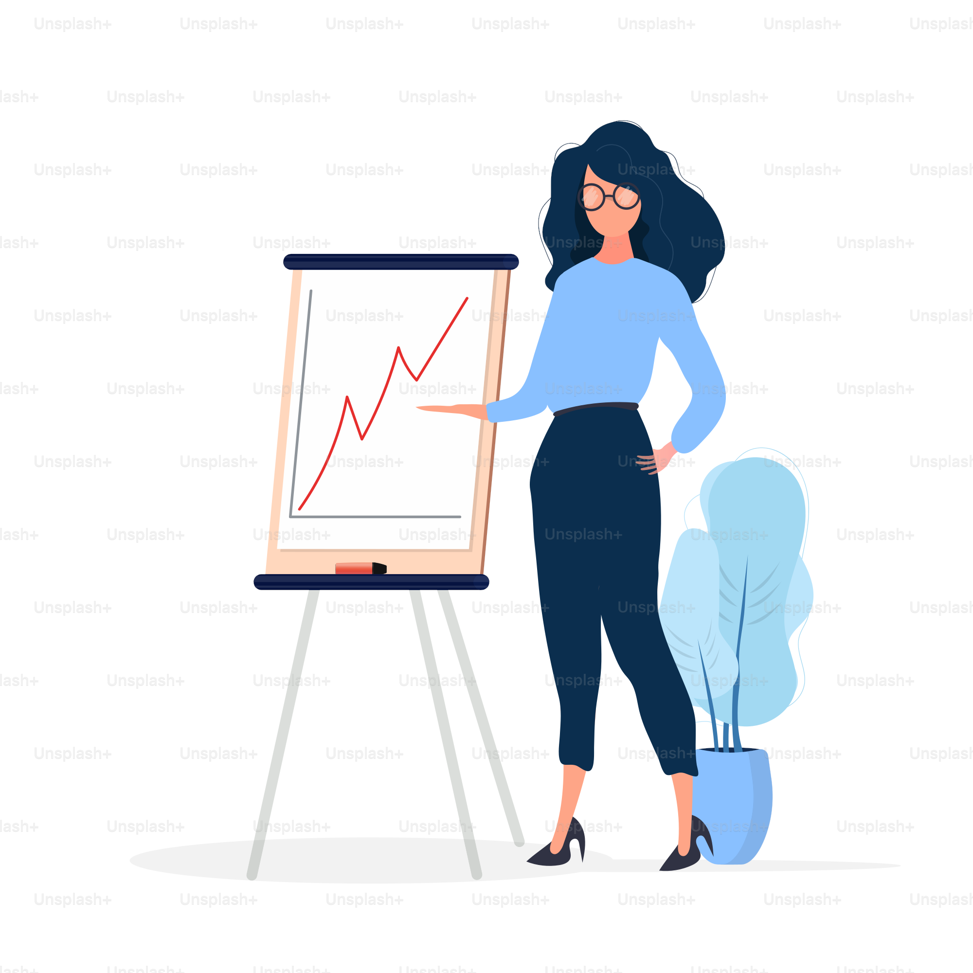 The girl is giving a presentation. Board for paper. Infographics. Business growth. Isolated. Vector.